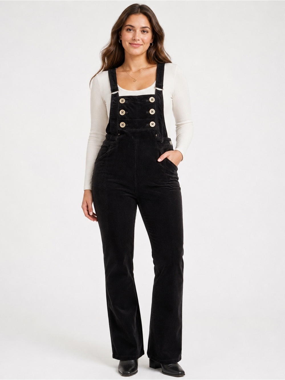 Anthropologie Black Corduroy Buttoned Pinafore Jumpsuit Overalls Size 0